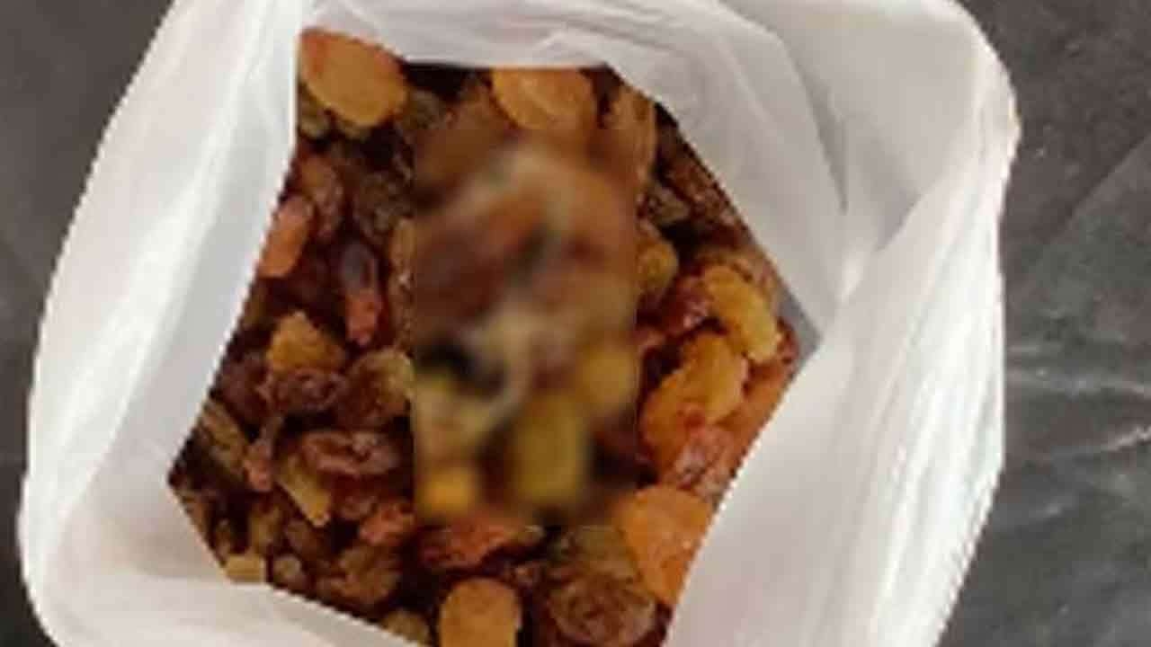 உலர்ந்த திராட்சையில் கிடந்த பல்லி!