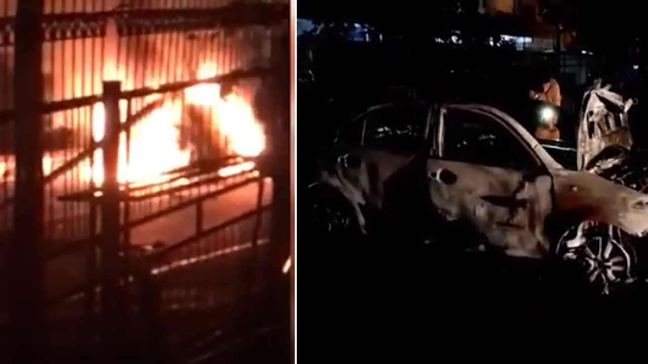 மின் கம்பத்தில் மோதி தீப்பிடித்த கார்