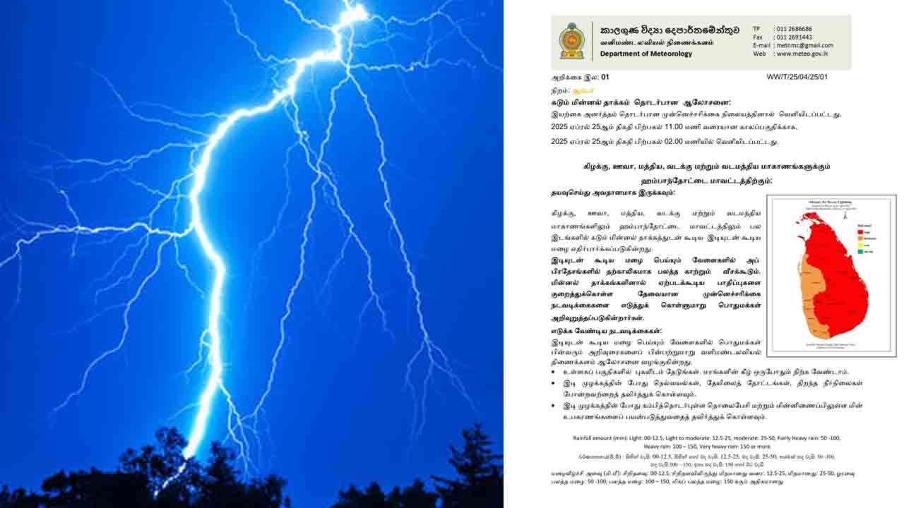கடும் மின்னல் எச்சரிக்கை: வளிமண்டலவியல் திணைக்களம் அறிவிப்பு