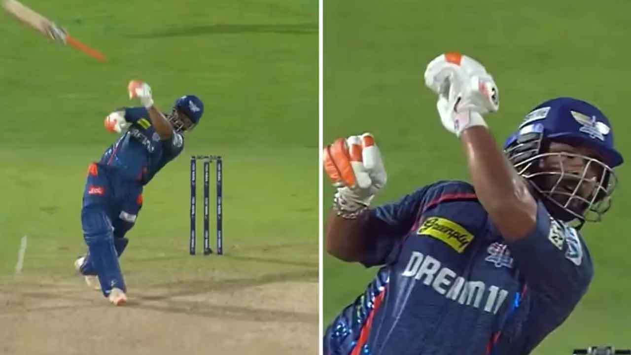 துடுப்பாட்ட மட்டையை பறக்கவிட்டு ஆட்டமிழந்த  ரிஷப் பண்ட்!