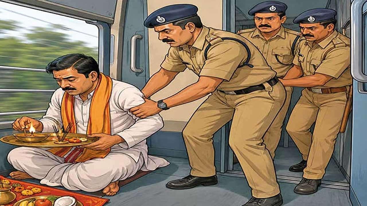 ஓடும் ரயிலில் விளக்கேற்றி பூஜை; பயணி அதிரடி கைது